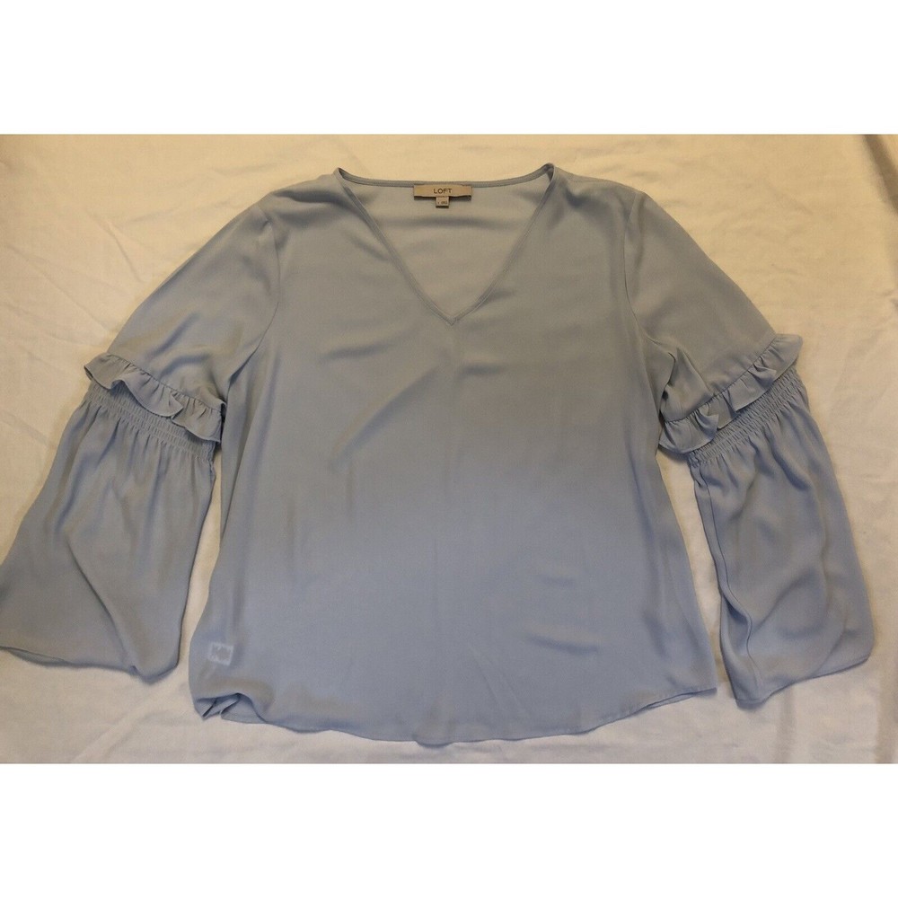 Ann Taylor LOFT  Women’s Large Blouse V-Neck Ruffle Bell Sleeve Light Blue